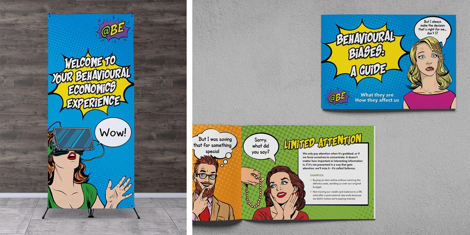 standing banner and printed booklet with comic book styling